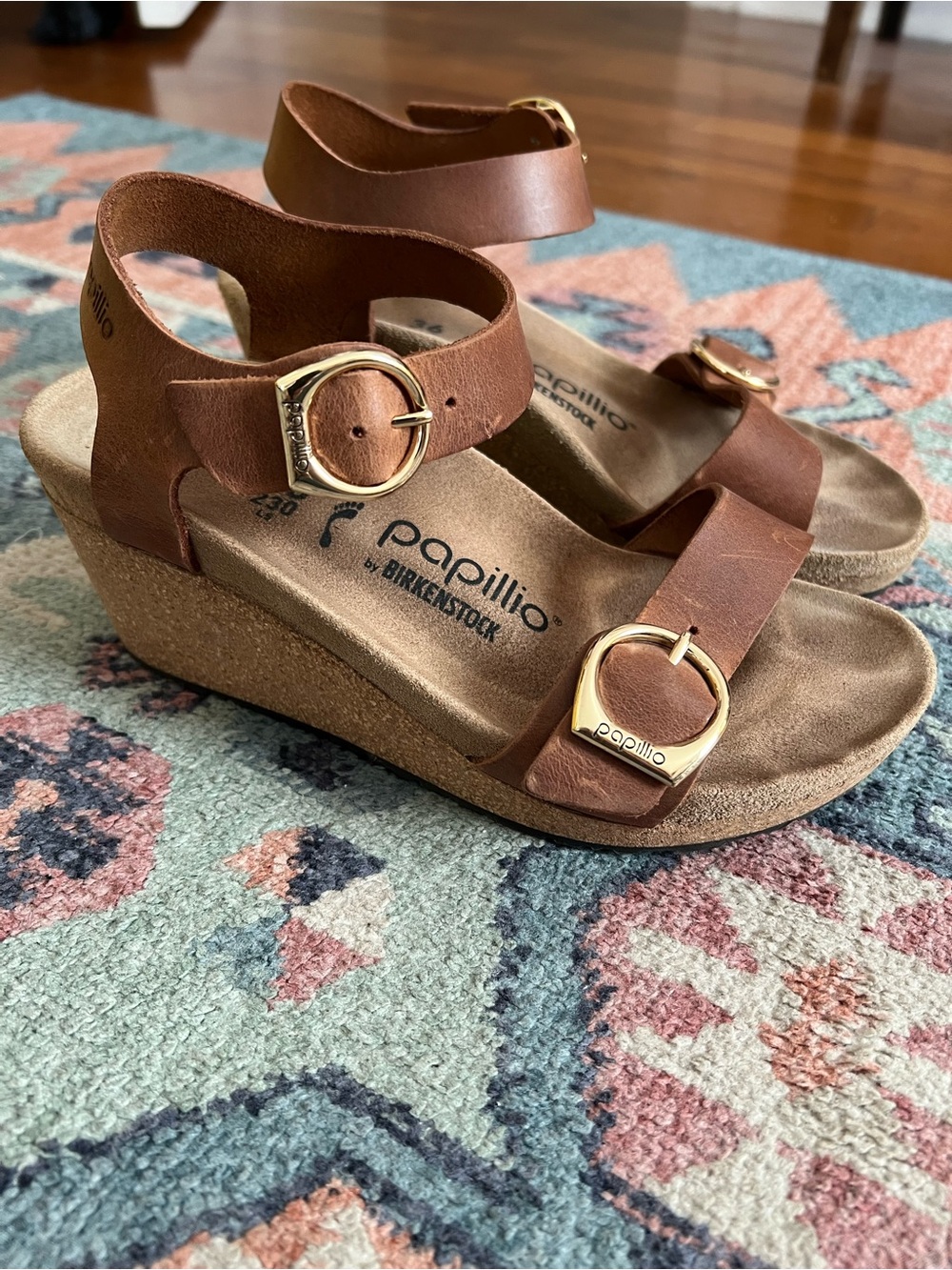 Birkenstock Papillio Brown Leather Wedge Sandals with Gold Buckles